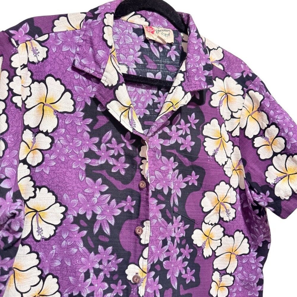 Vintage Hilo Hattie Hawaiian Purple Cropped Hibiscus Aloha Shirt Womens XL - Picture 3 of 8